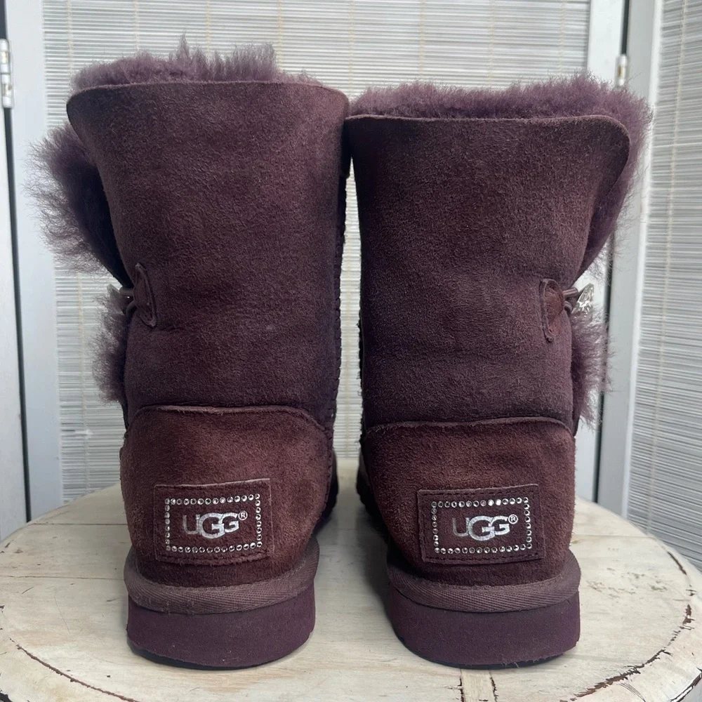 UGG Bailey Button Bling Boots Port Suede Swarovski Crystal Sheepskin Size 6